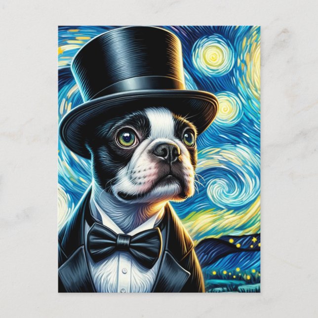 Cute  Adorable Boston Terrier in a Tophat Van Gogh Postcard (Front)