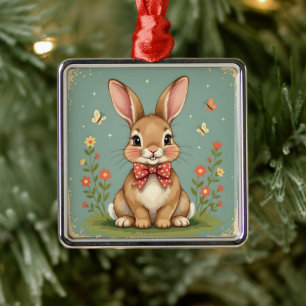 Cute adorable brown bunny with bow tie metal ornament