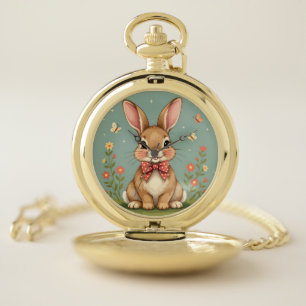 Cute adorable brown bunny with bow tie pocket watch