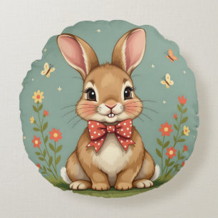 Cute adorable brown bunny with bow tie round pillow