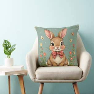 Cute adorable brown bunny with bow tie throw pillow
