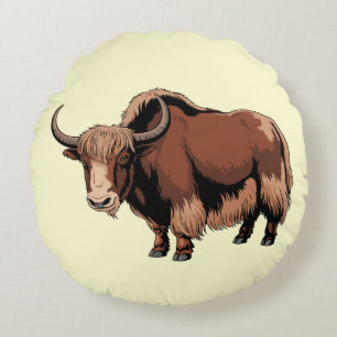 Cute & adorable brown Yak  Round Pillow