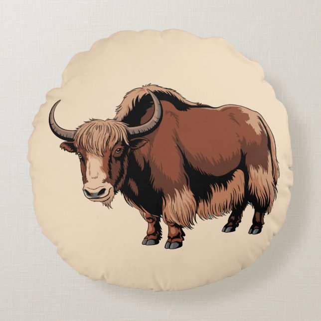 Cute & adorable brown Yak  Round Pillow (Front)