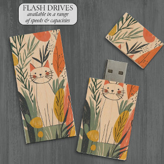 Cute Adorable Cat Illustration Wood Flash Drive