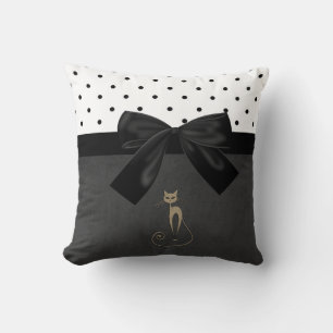 Cute Adorable Cat ,Polka Dots,Black Bow Throw Pillow