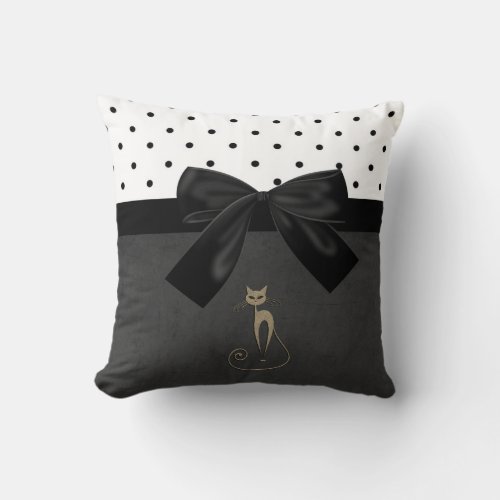 Cute Adorable Cat Polka DotsBlack Bow Throw Pillow