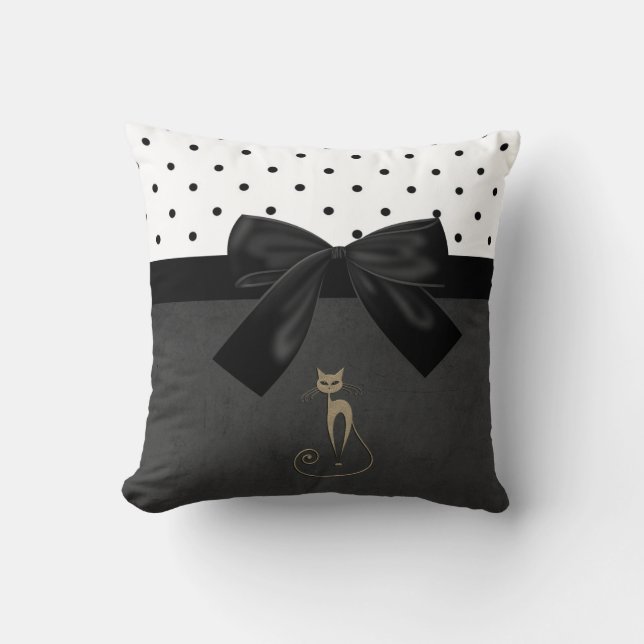 Cute Adorable Cat ,Polka Dots,Black Bow Throw Pillow (Front)