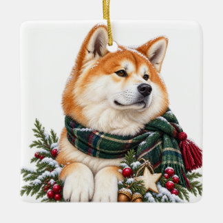 CUTE ADORABLE CHRISTMAS AKITA DOG CERAMIC ORNAMENT