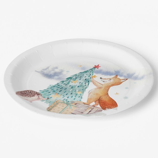 Cute adorable Christmas fox Paper Plates (Angled)