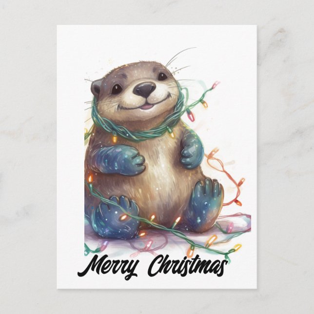 Cute Adorable Christmas Otter Holiday Postcard (Front)