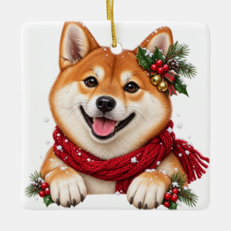 CUTE ADORABLE CHRISTMAS SHIBA INU DOG CERAMIC ORNAMENT