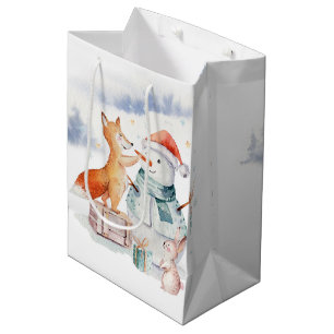 Cute adorable Christmas Snowman & Fox Medium Gift Bag