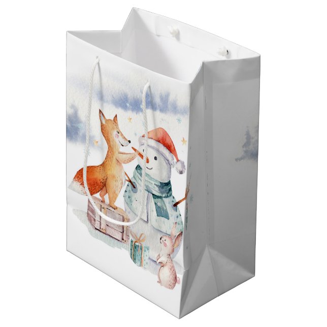 Cute adorable Christmas Snowman & Fox Medium Gift Bag (Front Angled)