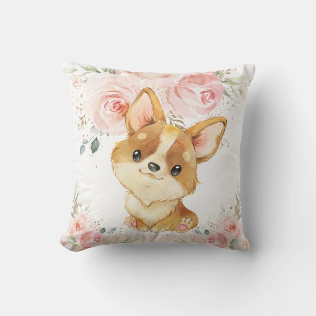 Cute Adorable Corgi Dog Blush Pink Floral Girl Throw Pillow (Front)