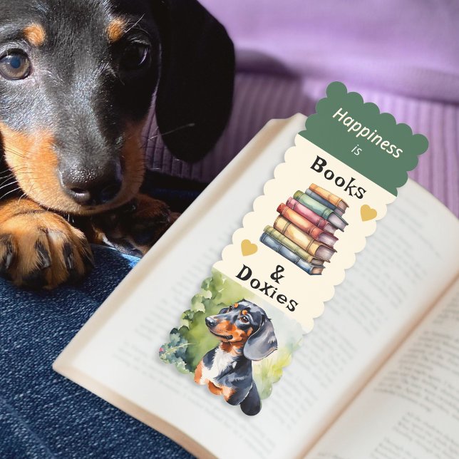 Cute Adorable Dachshund Books Doxies Card Bookmark (A cute personalized bookmark for lovers of books and dachshunds, with pictures in a watercolor style)