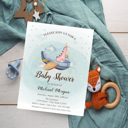 Cute Adorable Dino Airplane Stars Baby Shower Invitation