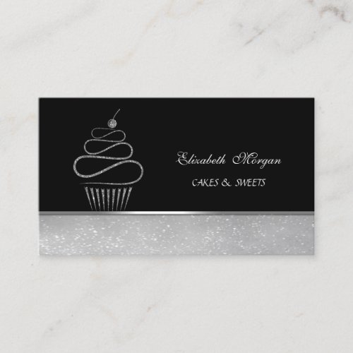 Cute Adorable Elegant Silver Glitte Cupcake Bakery Business Card