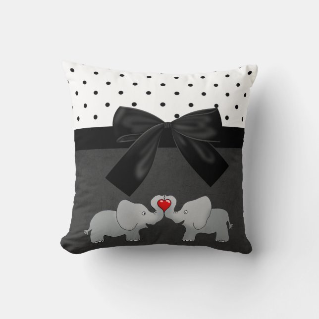 Cute Adorable Elephants,Polka Dots,Black Bow Throw Pillow (Front)