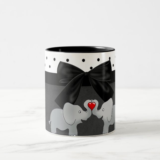 Cute Adorable Elephants,Polka Dots,Black Bow Two-Tone Coffee Mug (Center)