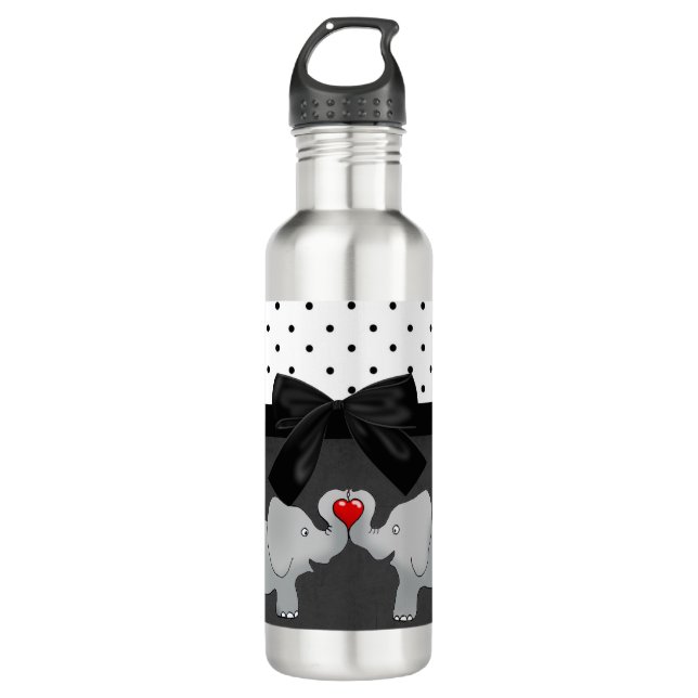 Cute Adorable Elephants,Polka Dots,Black Bow Water Bottle (Front)