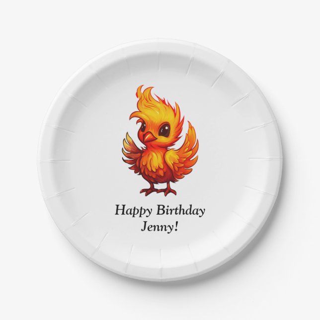 Cute Adorable Fiery Cartoon Baby Phoenix  Paper Plates (Front)