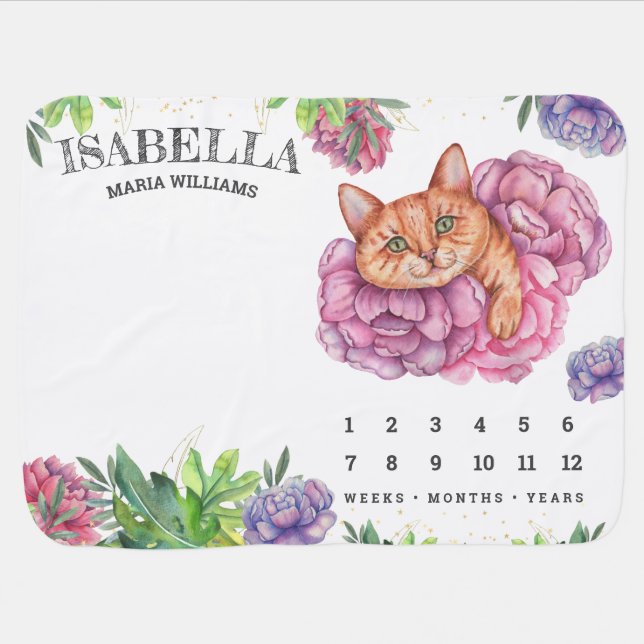 Cute Adorable Floral Cat Milestone Baby Blanket (Horizontal)