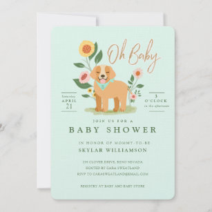 Cute Adorable Floral Golden Retriever Baby Shower Invitation