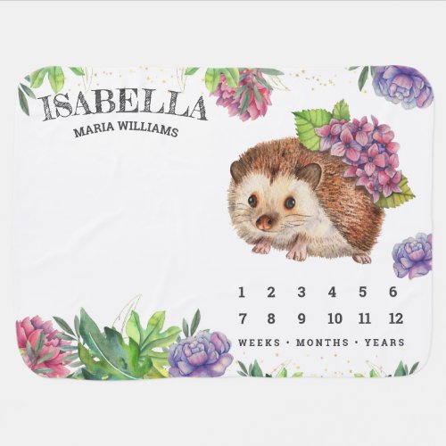 Cute Adorable Floral Hedgehog Milestone Baby Blanket