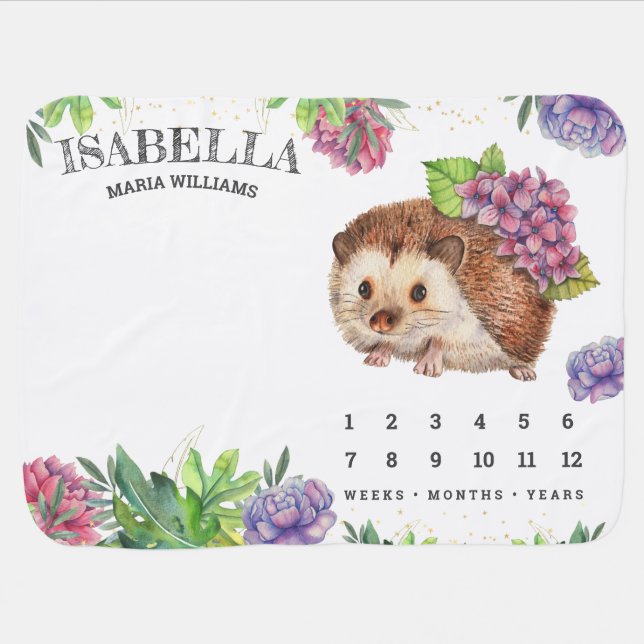 Cute Adorable Floral Hedgehog Milestone Baby Blanket (Horizontal)