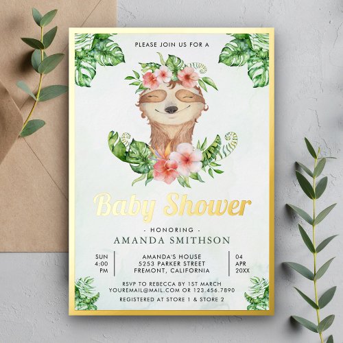 Cute Adorable Floral Sloth Girl Baby Shower Gold Foil Invitation