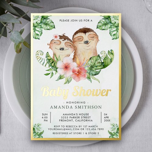 Cute Adorable Floral Sloth Twins Baby Shower Gold Foil Invitation