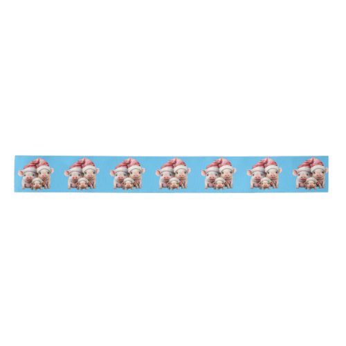 Cute Adorable Funny Christmas Pigs on Blue Satin Ribbon