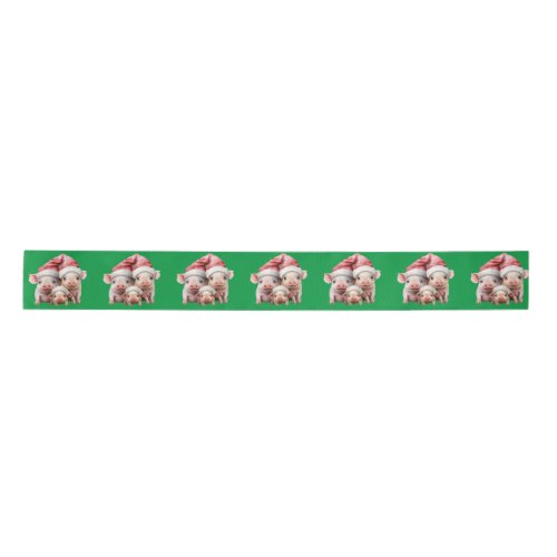 Cute Adorable Funny Christmas Pigs on Deep Green Satin Ribbon