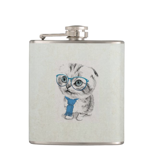 Cute adorable funny trendy kitten animal sketch flask (Front)