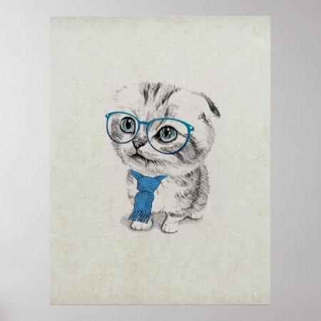 Cute Adorable Funny Trendy Kitten Animal Sketch Poster