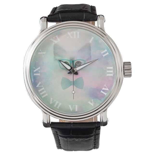 Cute adorable funny watercolours kitten glasses watch (Front)