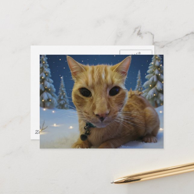 Cute Adorable Ginger Kitty Winter Forest Postcard (Front/Back In Situ)
