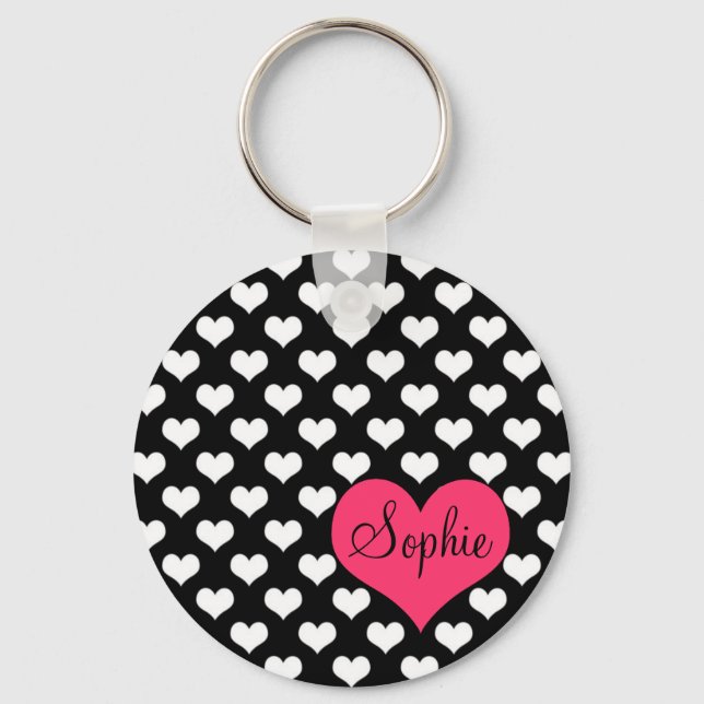 Cute adorable girly black and white hearts pattern keychain (Front)
