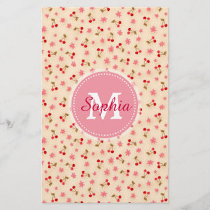 Cute adorable girly monogram cherries and flowers stationery