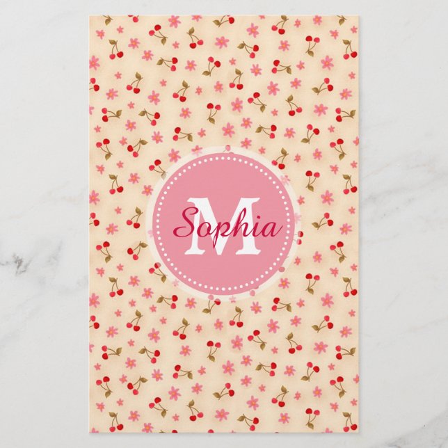 Cute adorable girly monogram cherries and flowers stationery (Front)