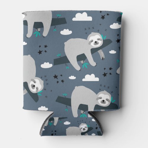 cute adorable gray sloth pattern blue background can cooler