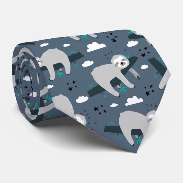 cute adorable gray sloth pattern blue background neck tie (Rolled)