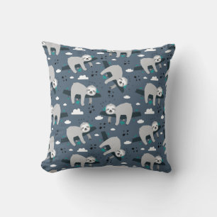 cute adorable gray sloth pattern blue background throw pillow