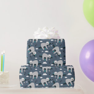cute adorable gray sloth pattern blue background wrapping paper