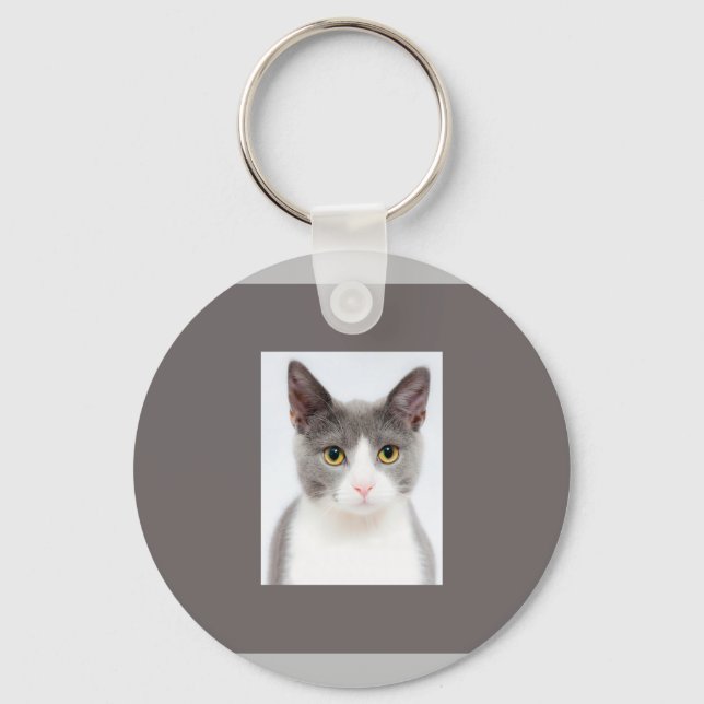 Cute Adorable Gray White Cat Kitty Keychain (Front)