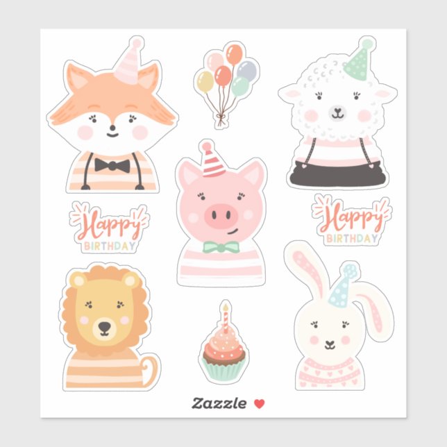 Cute Adorable Happy Birthday Party Animals Sticker (Sheet)