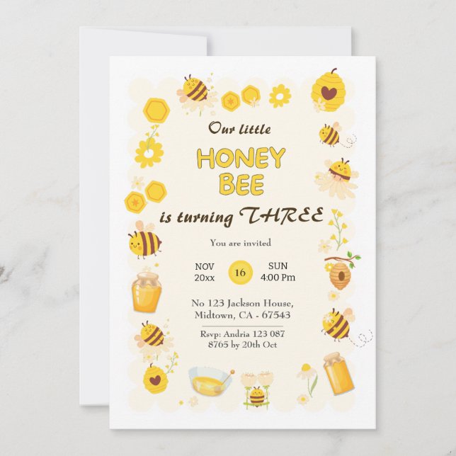 Cute adorable Honey Bee themed 3rd birthday Invitation (Front)