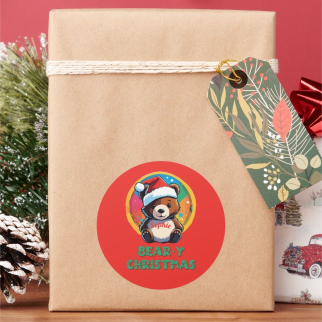 Cute Adorable Kawaii Chibi Bear-y Christmas Bear Classic Round Sticker (Holiday)