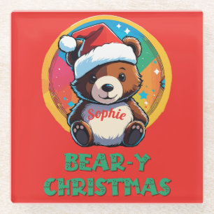 Cute Adorable Kawaii Chibi Bear-y Christmas Bear Glass Coaster