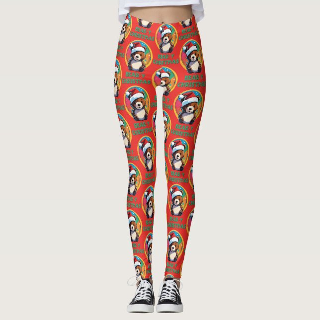 Cute Adorable Kawaii Chibi Bear-y Christmas Bear Leggings (Front)